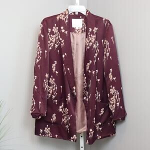 Ett:Twa for Anthropologie Floral Maroon Blazer Jacket Open Front Lined – Size L
